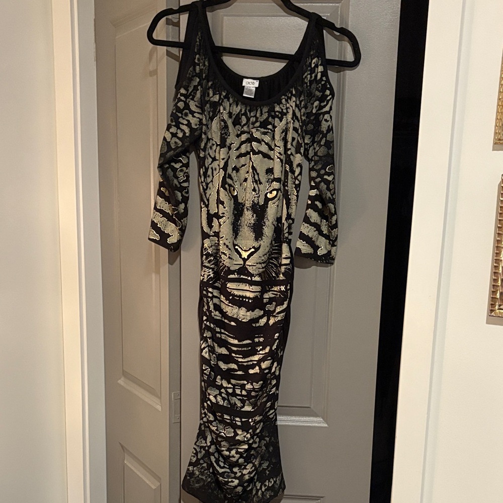 Black and Cream Tiger-Print Cold-Shoulder Maxi Dress